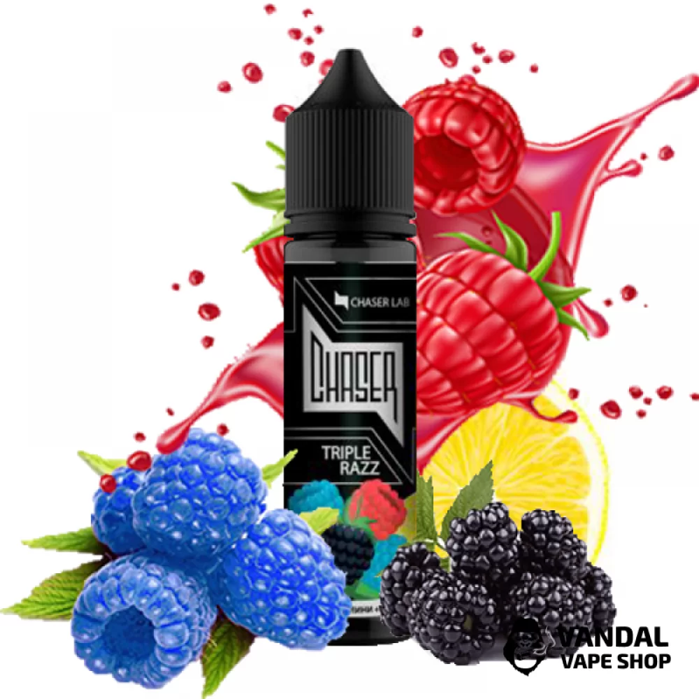 Рідина Chaser Black Triple Razz 60 мл, 3 мг, на органічному нікотині, зі смаком блакитної, червоної та чорної малини з лимоном Рідина Chaser Black Triple Razz 60 мл, 3 мг, на органічному нікотині, зі смаком блакитної, червоної та чорної малини з лимоном
