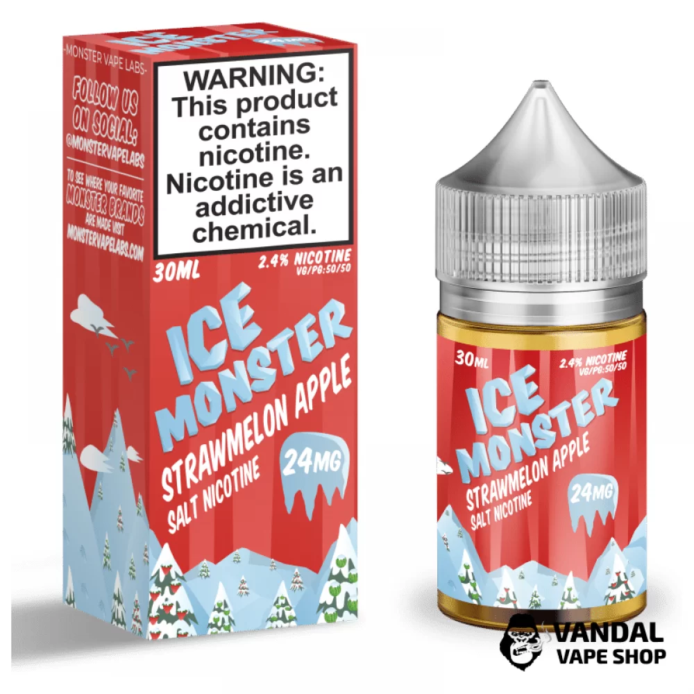 Премиальная солевая жидкость Ice Monster Salt 30 мл, 24 мг со вкусом клубники, арбуза и яблока со льдом