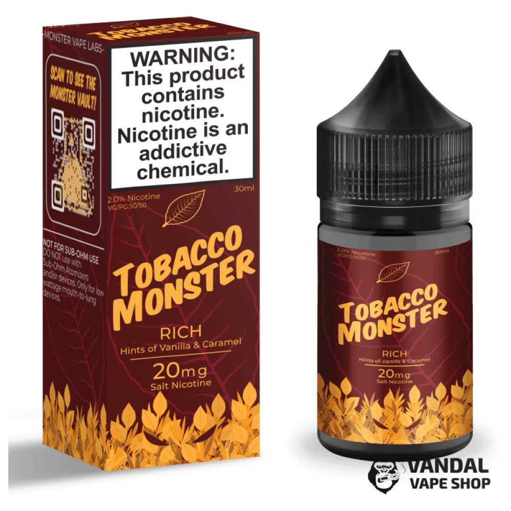 Премиальная солевая жидкость Tobacco Monster Salt 30 мл, 48 мг со вкусом табака и ванили с карамелью