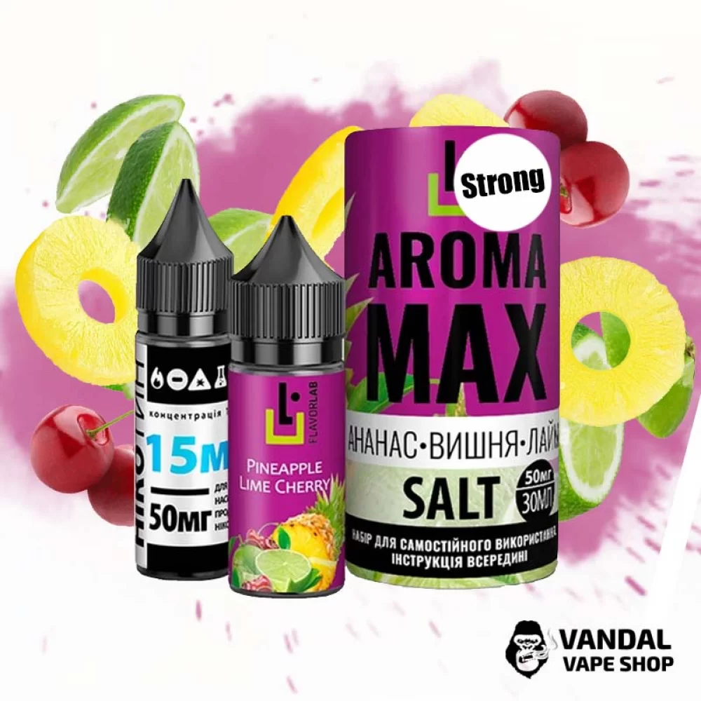 Набор для самозамеса Aroma MAX Salt Strong 30 мл 50 мг со вкусом ананаса, вишни и лайма Набор для самозамеса Aroma MAX Salt Strong 30 мл 50 мг со вкусом ананаса, вишни и лайма