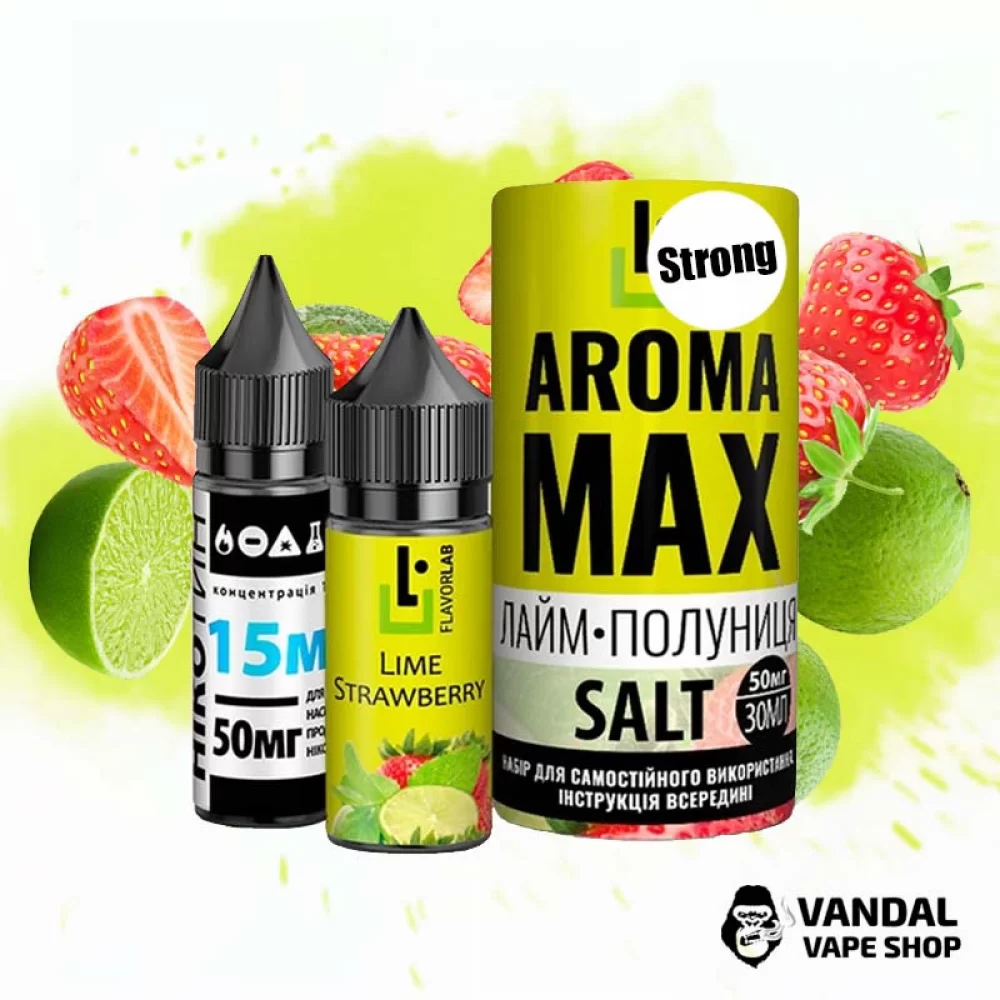 Набор для самозамеса Aroma MAX Salt Strong 30 мл 50 мг со вкусом лайма и клубники Набор для самозамеса Aroma MAX Salt Strong 30 мл 50 мг со вкусом лайма и клубники
