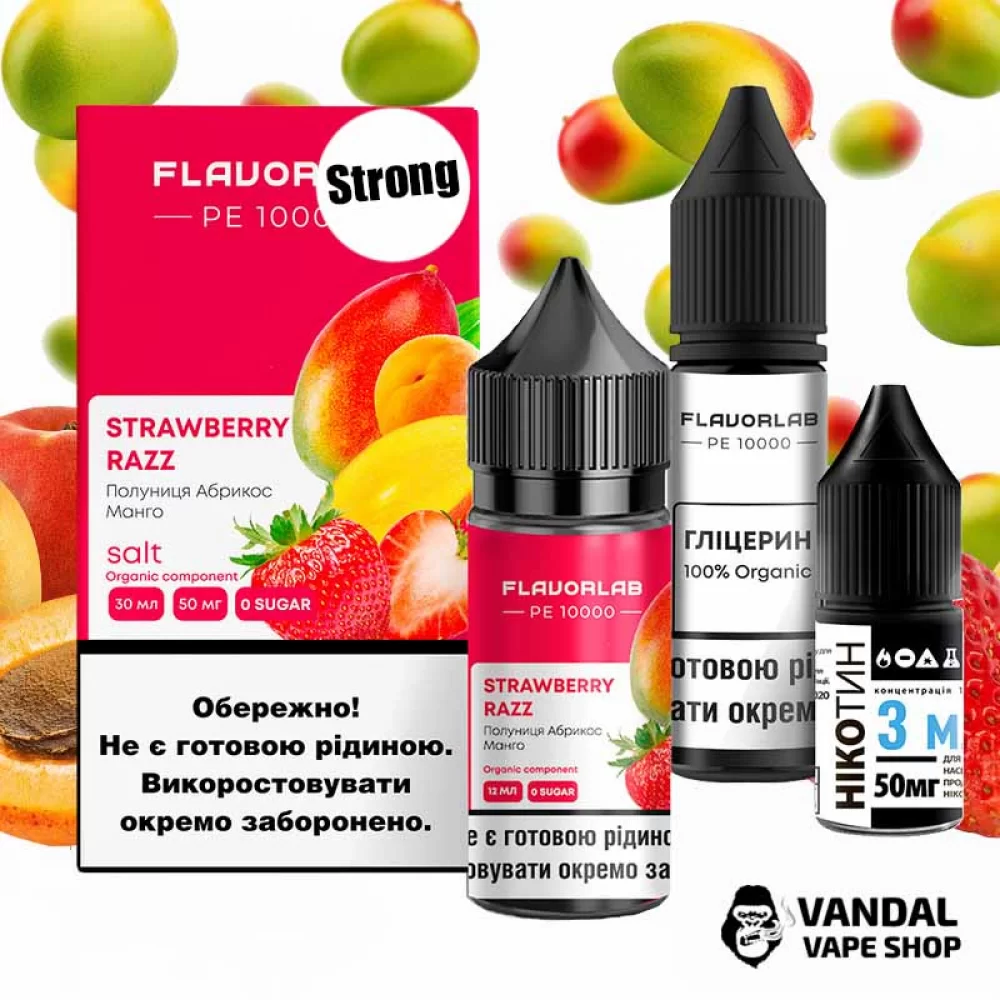 Набір для самозамісу Flavorlab PE 10000 Strong 30 мл 50 мг зі смаком полуниці, абрикоса і манго Набір для самозамісу Flavorlab PE 10000 Strong 30 мл 50 мг зі смаком полуниці, абрикоса і манго
