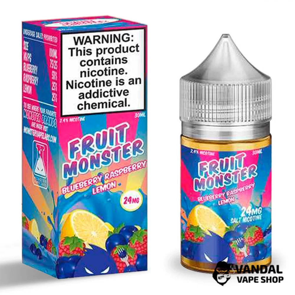 Премиальная солевая жидкость Fruit Monster Salt 30 мл 48 мг со вкусом малины, черники и лимона Премиальная солевая жидкость Fruit Monster Salt 30 мл 48 мг со вкусом малины, черники и лимона