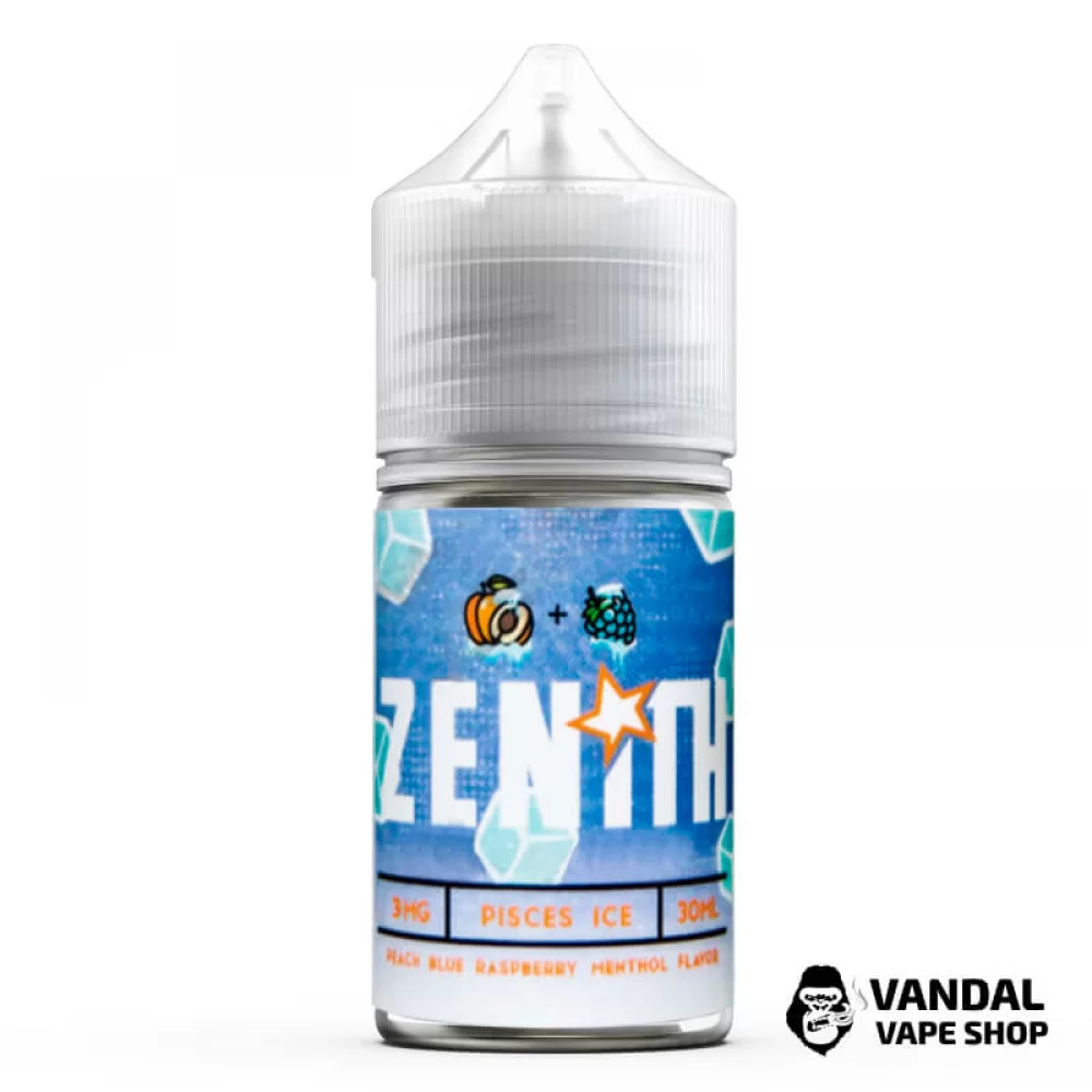 Премиальная солевая жидкость Zenith Salt Pisces Ice 30 мл, 25 мг со вкусом персика и голубой малины с холодком Премиальная солевая жидкость Zenith Salt Pisces Ice 30 мл, 25 мг со вкусом персика и голубой малины с холодком