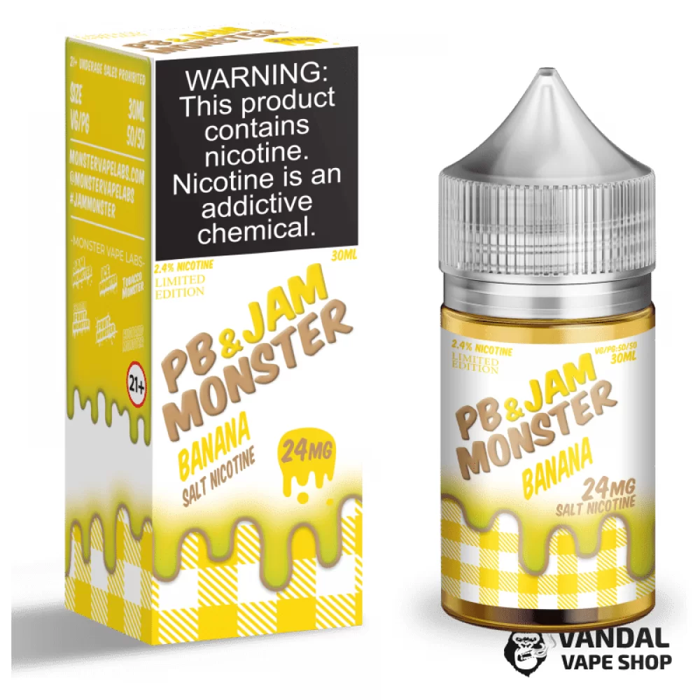 Премиальная солевая жидкость PB & Jam Monster Salt 30 мл, 24 мг со вкусом бананового джема и арахисовой пасты