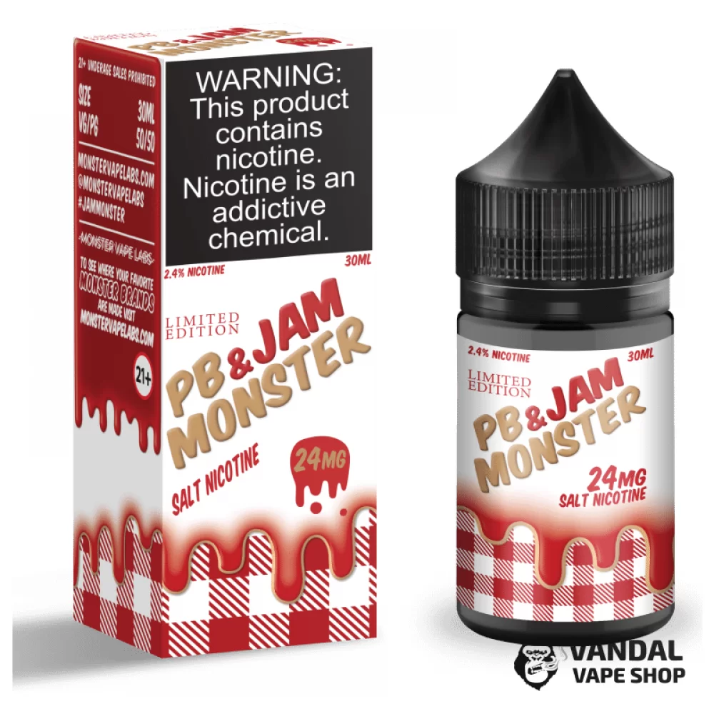 Премиальная солевая жидкость PB & Jam Monster Salt 30 мл, 24 мг со вкусом клубничного джема и арахисовой пасты Премиальная солевая жидкость PB & Jam Monster Salt 30 мл, 24 мг со вкусом клубничного джема и арахисовой пасты