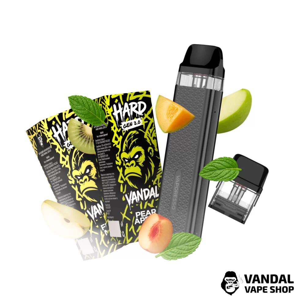 Набор M 2.0: подсистема Vaporesso XROS 3 Mini в темно-сером цвете + картридж 1.0 Ом + 2 набора для самозамеса HARD VANDAL 2.0 10 мл 50 мг: со вкусом фруктового микса с мятой/яблока и груши
