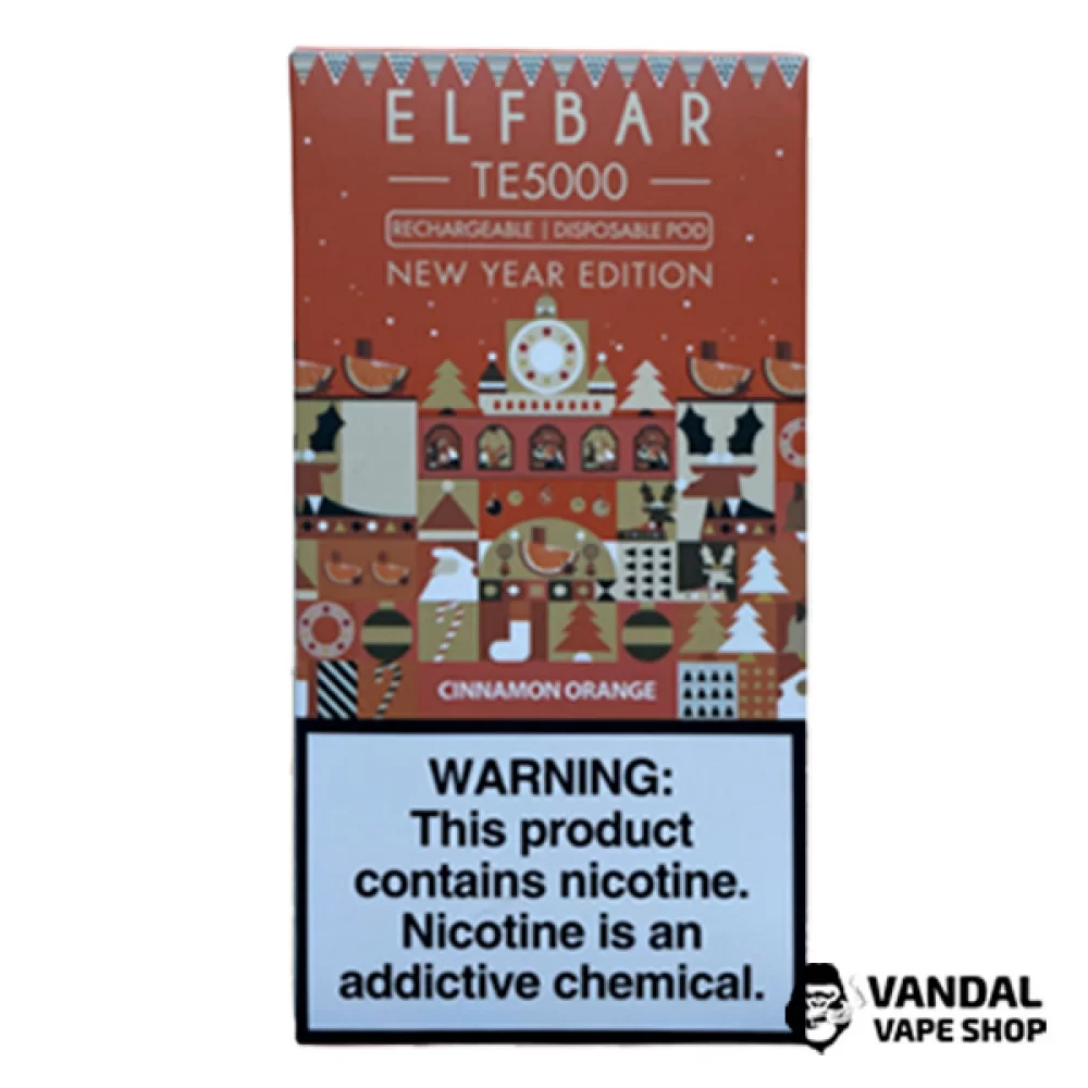 Одноразовый Pod Elf Bar TE5000 Christmas Edition 550 мАч на 5000 затяжек со вкусом апельсина и корицы Одноразовый Pod Elf Bar TE5000 Christmas Edition 550 мАч на 5000 затяжек со вкусом апельсина и корицы