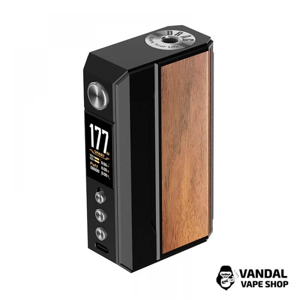 Оригинальный бокс мод VooPoo Drag 4 в чёрном цвете со вставкой из орехового дерева
